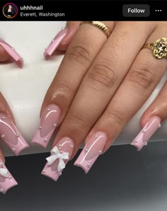 Bow Nail Designs, French Tip Acrylic Nails, Acrylic Nails Coffin Short