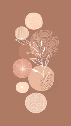 an abstract painting with circles and leaves on it's side, in pink and beige