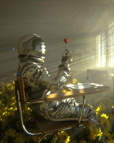 an astronaut sitting at a desk with a flower in his hand