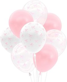 a bunch of pink and white balloons with bows on them, all in the same color