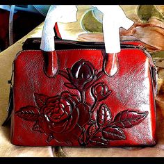 Italian Leather Red/Brown Appliqu Hand/Shoulder Bag With 3 Compartments With Zippers, Detachable Shoulder Strap. 4 Prongs On The Bottom. 2 Drop Handles. Size 9x12x5.5. Nwt Hand Applique, Italian Leather, Lady In Red, Brown Leather, Shoulder Strap, Bag Lady, Handbags, Shoulder Bag, Red