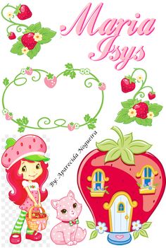 the strawberry girl is standing next to her pink house and two little pigs in front of it