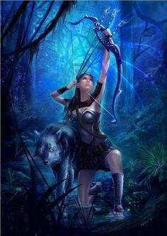 a woman in the woods with a bow and arrow on her shoulder holding a wolf