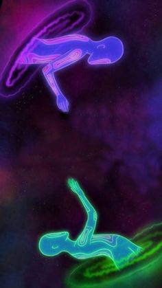 two people are floating in the air with neon colors