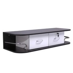 a black and white shelf with two drawers