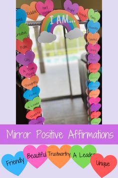 a mirror that has hearts on it and the words mirror positive affirmations written in different