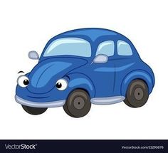 a cartoon blue car with eyes and nose