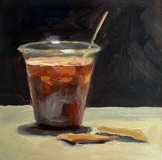 an oil painting of a drink on a table with a spoon in it and some food