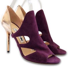 New $976 Jimmy Choo Tarine Suede Cutout Bootie Heels - Gold, Purple - Size 38 Condition: Brand New With The Dust Bag. The Original Retail Price Is $895+Tax. There Are Some Scratches, Please See Photos For Details. Size: 38 Measurements: Insole: 9 1/2" Width: 3" Heel Height: 4" Material: Leather And Suede Origin: Italy Chic Purple Heels For Gala, Purple Pointed Toe Heels For Gala, Luxury Purple Open Heel Heels, Luxury Purple Heels With Heel Strap, Purple Heels With Sculpted Open Heel, Designer Purple Open Heel Heels, Designer Open Heel Purple Heels, Luxury Purple Pointed Toe Heels, Luxury Purple Heels With 4-inch Heel