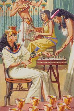 an egyptian scene with three women playing chess and drinking glasses in front of the man