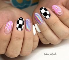 Western Chrome Nails, Chrome Nails With Design, Easy Pride Nails, Patterned Nails, Nail Ideas Trendy, Fun Nail Designs, Pride Nails, Black And White Nails, Checkered Nails