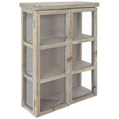 an old wooden cabinet with glass doors on the front and bottom shelves, isolated against a white background