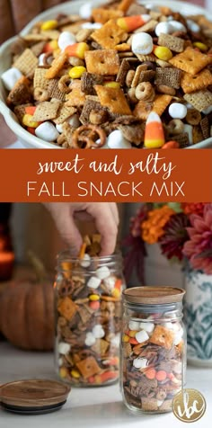 a bowl full of halloween snack mix with the words sweet and salty fall snack mix