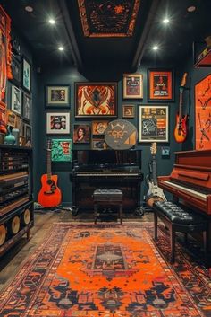 a room filled with lots of different types of musical instruments and pictures on the wall