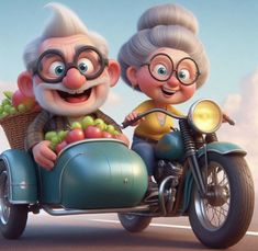 an older couple riding on the back of a motorcycle with grapes and apples in their basket