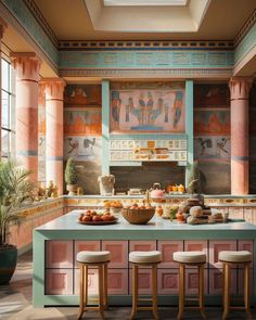 the kitchen is decorated in pink, blue and gold with egyptian paintings on the walls