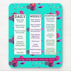 the daily schedule is displayed on a blue background with pink and purple flowers in it