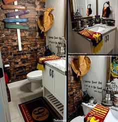 the bathroom is decorated in harry potter colors