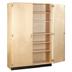 a wooden cabinet with two doors and shelves