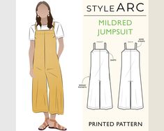 the front and back view of a jumpsuit sewing pattern, with measurements for it