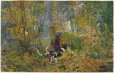 a painting of a man and two dogs in the woods