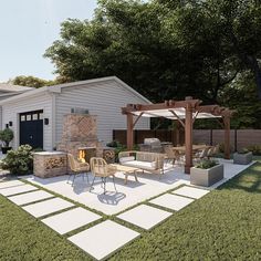 an outdoor patio with chairs, table and grill