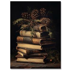 a stack of books with pine cones on top