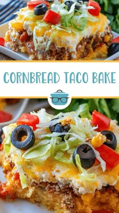 this cornbread taco bake is loaded with ground beef, cheese, black olives, tomatoes and lettuce