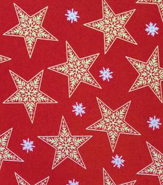 a red background with white snowflakes and stars on the bottom, all over