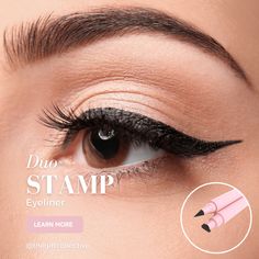 Our Waterproof Eyeliner stamp will give you the perfect wing with minimal effort! The double sided pen also has an eyeliner tip for above the lash line. Simply stamp the eyeliner where you like it then flip the pen and use the pointed end to connect to your lash line. This liner is also no smudge!  Shop the Stamp Winged eyeliner now! Eyeliner Stamp, Waterproof Eyeliner, Winged Eyeliner, Makeup Tools, Makeup Cosmetics, Eyeliner, Lashes, Beauty Makeup, Double Sided