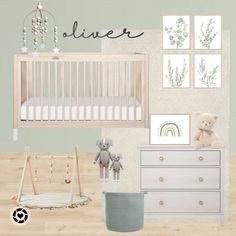 a baby's room with a crib, dresser and pictures on the wall