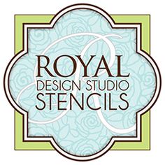 the royal design studio stencils logo is shown in brown and blue colors on a white background