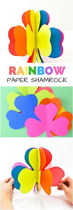 the rainbow paper shamrock is cut out and placed on top of each other to make it look