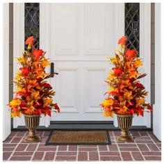 two vases with autumn leaves are on the front door mat next to each other