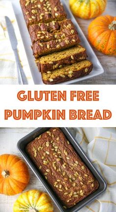 gluten free pumpkin bread is cut into slices and placed in pans on a table