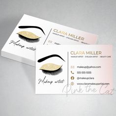 two business cards with eyelashes and gold glitters on the bottom, one for lashes