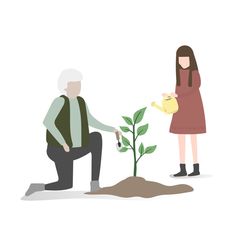 an old man watering water to a young woman who is kneeling down next to a small tree