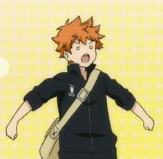 an anime character with red hair and black shirt holding a bag in one hand while looking at the camera