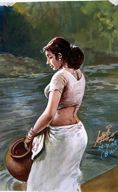 a painting of a woman standing in the water with a bucket on her back,