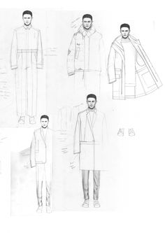 four different views of men's clothing from the front, back and side view