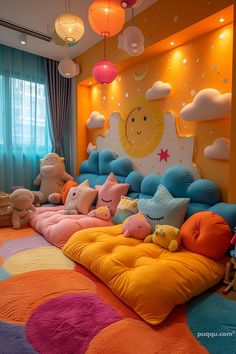 this is a colorful bedroom with lots of stuffed animals