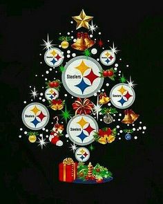 a christmas tree decorated with footballs and stars