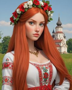 a woman with long red hair and flowers in her hair, wearing a white dress