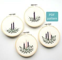 three embroidered candles on white hoop with text overlay that reads, pdf pattern