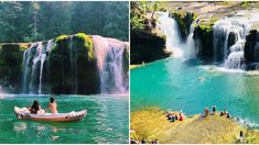 two pictures side by side, one with people in a boat and the other with waterfalls