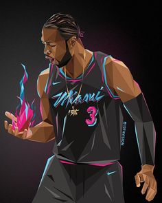 the basketball player is holding a ball in his right hand and wearing a black jersey with pink flames on it