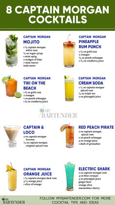 Captain Morgan Cocktails Mixed Drinks With Captain Morgan, Cocktails With Captain Morgan, Captain Morgan Spiced Rum Drinks, Captain Morgan Cocktails, Captain Morgan Drinks, Rum Cocktails Easy, Caribbean Drinks, Bartender Drinks Recipes, Bartender Drinks