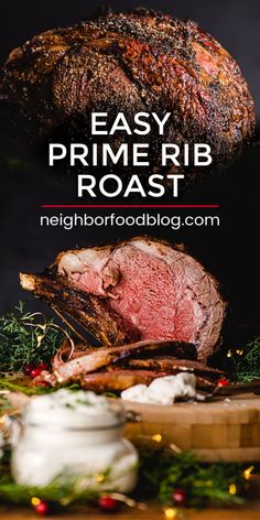 roast beef on a cutting board with text overlay that reads easy prime rib roast