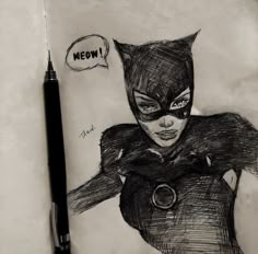 a drawing of a catwoman with a thought bubble above her head