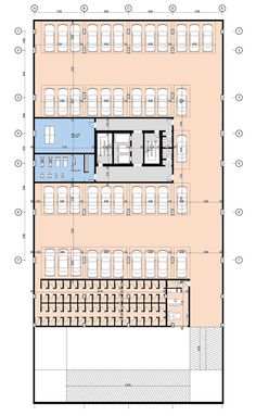 the floor plan for an office building with several rows of tables and chairs in it